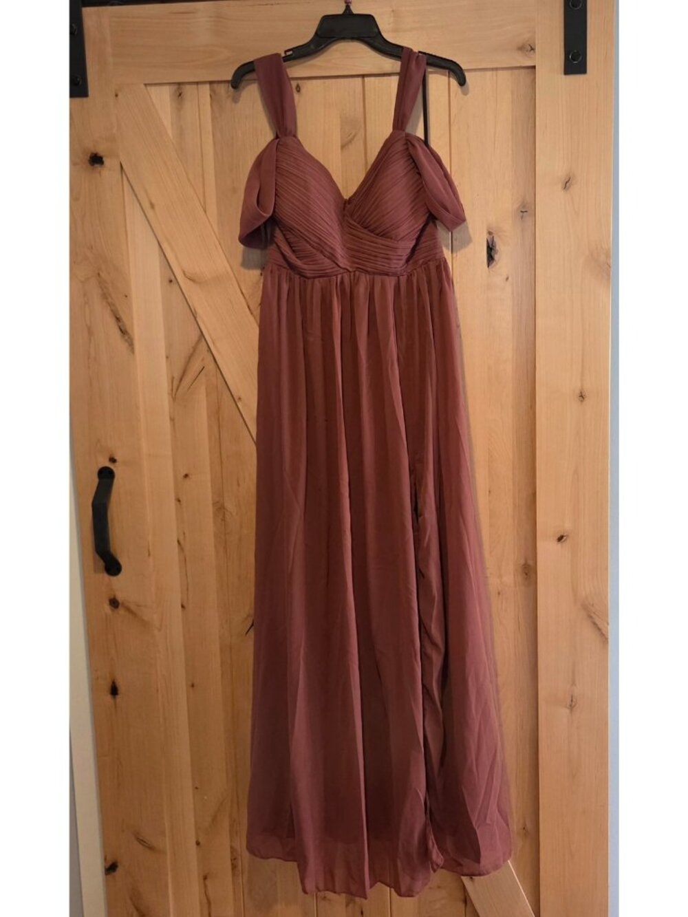 New! Unithorse Size L Burnt Orange Gown Maxi dress Ruched Chiffon Slit - Picture 3 of 16
